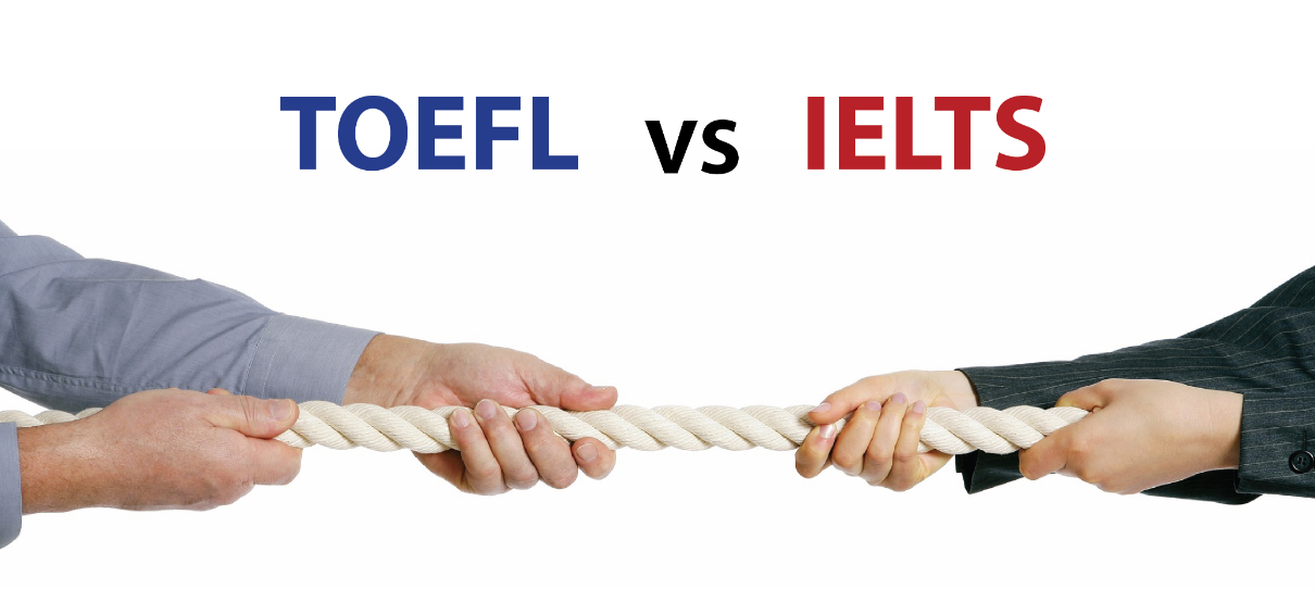 Two people are pulling the rope; above one head is the word TOEFL and above the other is the word IELTS.