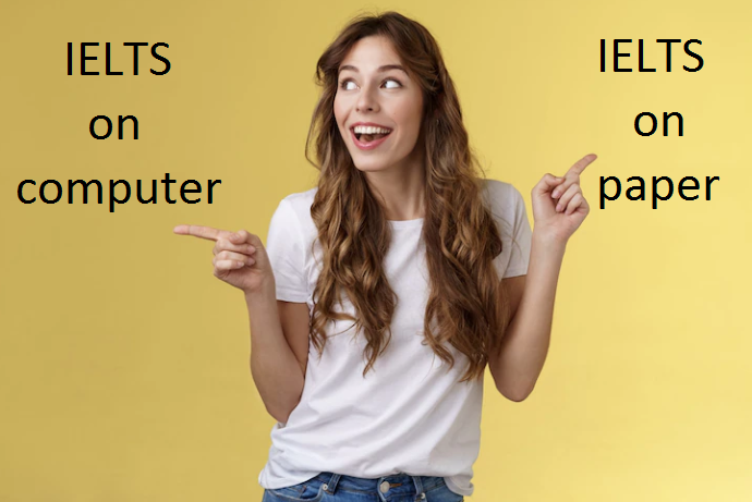 Girl with her hands showing the word IELTS on paper and IELTS on the computer