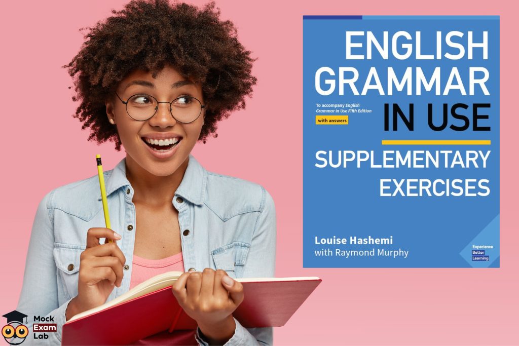 An amazed black girl holding a pencil and looking at the "English Grammar in use Supplementary Exercises" book cover.