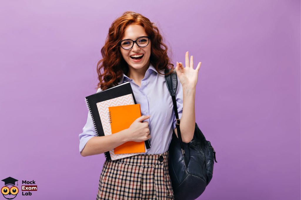 A red hair student holding her notebooks with glasses